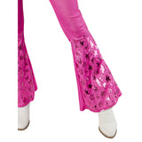 Barbie Cowboy Deluxe Costume, pink flares and top with white hat., flare is of multi star print.