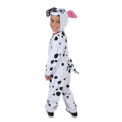 101 Dalmatians Child Jumpsuit, furry jumpsuit in plush fabric, attached headpiece.