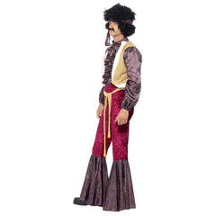 1970's psychedelic rocker costume with velvet flares and contrasting flare, matching top with self frill and attached fur vest.