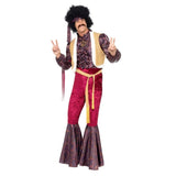 1970s Psychedelic Rocker costume, top with frills and attached vest, tight fitting velvet flares and headband.