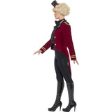 Ladies Ringmaster Costume. Includes burgundy jacket with tails and contrasting black epaulets, seperate bow tie and mini top hat.