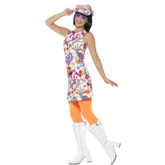 60s women’s hippie costume with colourful print dress and matching hat