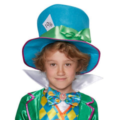 Mad hatter boys deluxe disney costume for teens, top with mock jacket and printed waistcoat,  pinstripe pants and oversize blue felt hat.