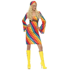 70s Rainbow Hippie Costume featuring rainbow-striped dress with bell sleeves and matching headband, ideal for themed parties and celebrations.