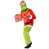 the grinch adult costume, with green fur at chest, white fur cuffs and hemline at front.