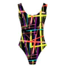 Black leotard with multicolour neon stripes – 80s unisex costume outfit