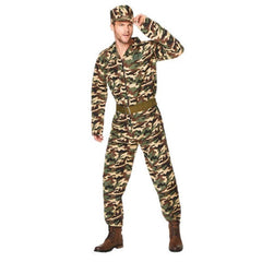Camo suit mens costume, jumpsuit with belt and cap.