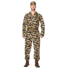 Camo suit mens costume, jumpsuit with belt and cap.