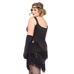 Glamour flapper costume for plus sizes by leg avenue. Black dress with black sequin fabric trim, fringing on diagonal hemline and contrasting silver braid at neckline.
