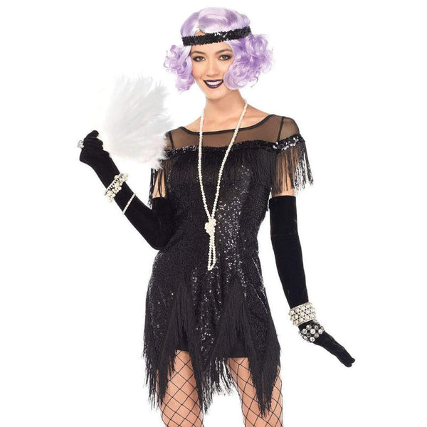 Foxtrot Flirt Flapper Dress, with sheer net upper bodice and cap sleeve with sequin fabric and diagonal fringing.