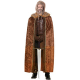 Brown cape with faux fur trim, velveteen finish.