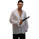 Mens White Pirate Shirt with Chest Lacing with frilly cuffs and frill around the collar.
