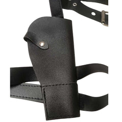Black Double Leg Holsters and Belt set, featuring a belt with silver eyelets and buckle, two leg holsters, and adjustable thigh straps, made from durable leather-look vinyl