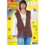 Brown hippie vest with fringing and floral trim.