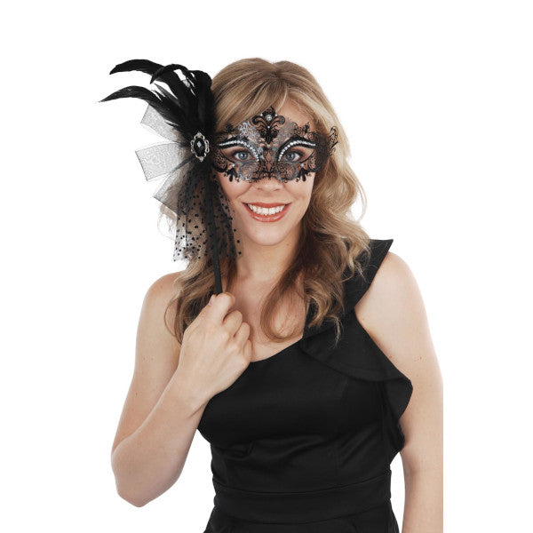 Provence Black Metal Eye Mask w/Feathers & Stick Cracker Jack