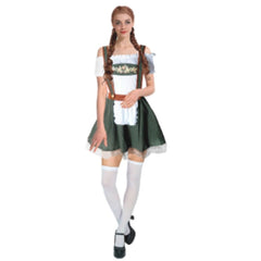Adult beer girl green costume with black bodice, green skirt, and over-the-knee white stockings for Oktoberfest