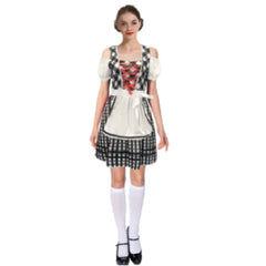 Adult black and white checkered beer girl costume with apron and knee-high socks for Oktoberfest