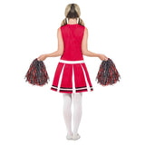 Red and white costume with pleated skirt and cheer props