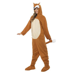 Adult Fox Onesie Costume featuring a hooded jumpsuit with fox face and ears, fluffy tail with white tip, and attached shoe covers.