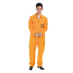 Adult orange prisoner costume with Jail Bird print and plastic handcuffs