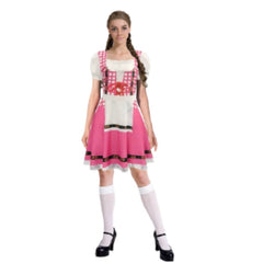 Adult pink beer girl costume with check bodice, apron, braid trim skirt, and knee-high socks for Oktoberfest