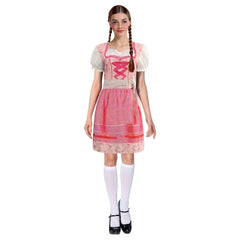 Adult pink beer maid costume with corset bodice, ribbon detail, puffy sleeves, and printed skirt with white bodice back