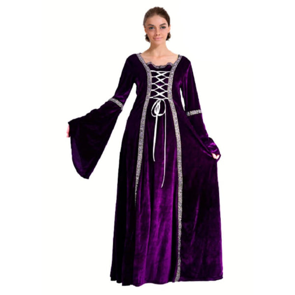 adult purple medieval lady costume in velveteen, laces at the bodice and medieval sleeves.
