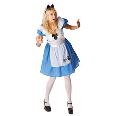 Adult Alice in Wonderland costume with blue dress, apron front, lace trim, and satin headband