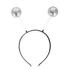 Alien costume headband with silver glitter ball antennas on springs