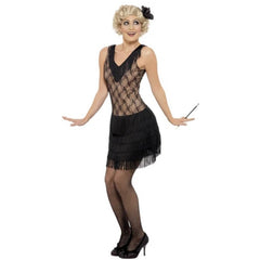 All That Jazz Flapper black and nude dress, lace bodice with nude lining, black fringed short skirt.