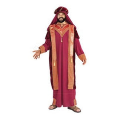 Arab Sultan Men's Costume, red robe with gold/red fabric trim, tunic, plus headpiece with drape,