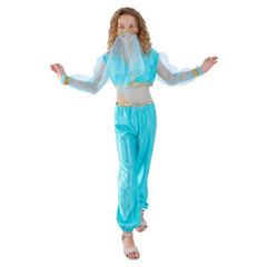 Arabian Princess Costume - Child, blue harem pants and midriff top with sheer sleeves and headpiece.