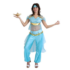 Arabian princess costume with gold-trimmed top, harem pants, and headpiece