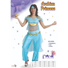 Arabian princess costume with gold-trimmed top, harem pants, and headpiece