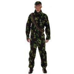 Army man costume in camo print with pants, trousers and cap.