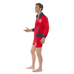 Men’s red Baywatch-style lifeguard costume with shorts and long sleeve jacket