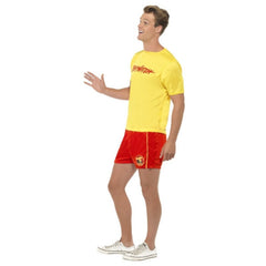 Baywatch Men’s Lifeguard Costume with yellow shirt and red shorts