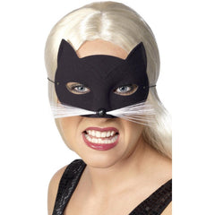 Black cat costume mask with whiskers and elastic strap for Halloween, masquerade, or animal-themed parties