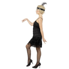 Black Flapper Dress with fringe detailing and feathered headpiece, perfect for 1920s-themed events.