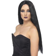61 cm long black witch wig with centre part for Morticia, witch, and hippie costumes