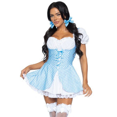 Blue gingham peasant dress with lace-up front and puff sleeves – Leg Avenue costume