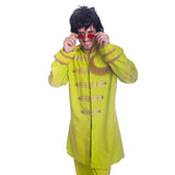 British Pop Stars Costume - Assort Sizes - Hire, quality costume, neon green with gold trim and epaulets, includes jacket, pants, wig and glasses.