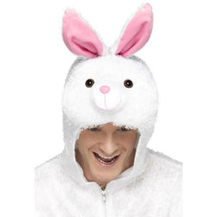 Bunny adult costume in white with pink tummy and ears, zip-up jumpsuit with attached hood