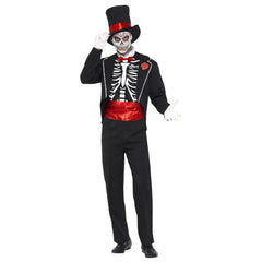 Day of the Dead men’s costume with jacket, mock shirt, gloves, and hat