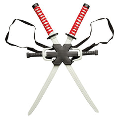Deadpool weapon kit with toy swords, sais, and backpack holder