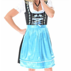 Deluxe Dirndl-Amelia, black bodice, blue and white check skirt with lace up bodice, white top and blue apron.