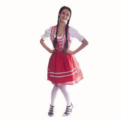 Deluxe Dirndl - Kirsten, red check dress, laces at bodice, white top and red apron.