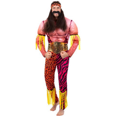 Deluxe Male Wrestler Costume, all in one jumpsuit with padded muscle chest and belt. Animal print jumpsuit.