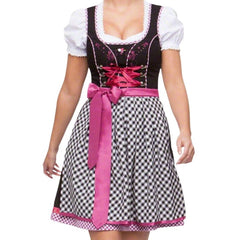Deluxe dirndl Mia costume with black dress, embroidered bodice, pink check hem, cropped blouse, and check apron with pink bow.