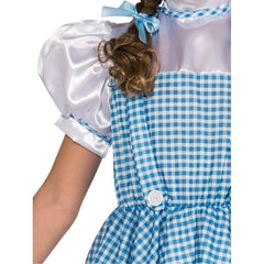 Girls Wizard of Oz Dorothy costume with blue gingham dress and hair bows